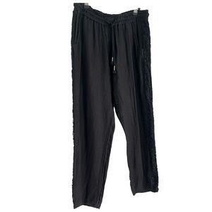 Brand Bazar Black Linen Crochet Lace Side Seam Trim Pull On Joggers 8